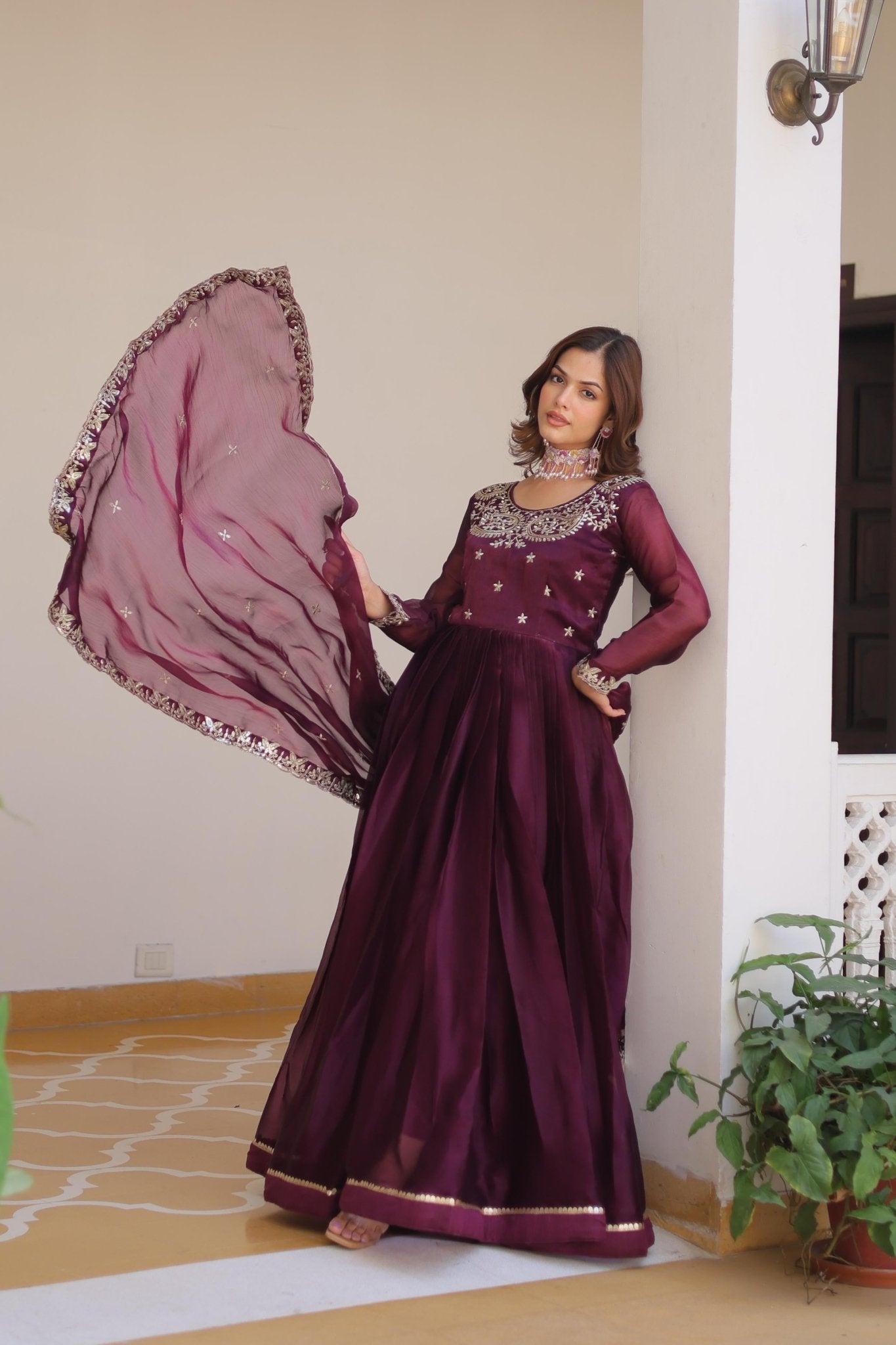 Pure Burbery Festive Long Gown & Dupatta - Chikankari official