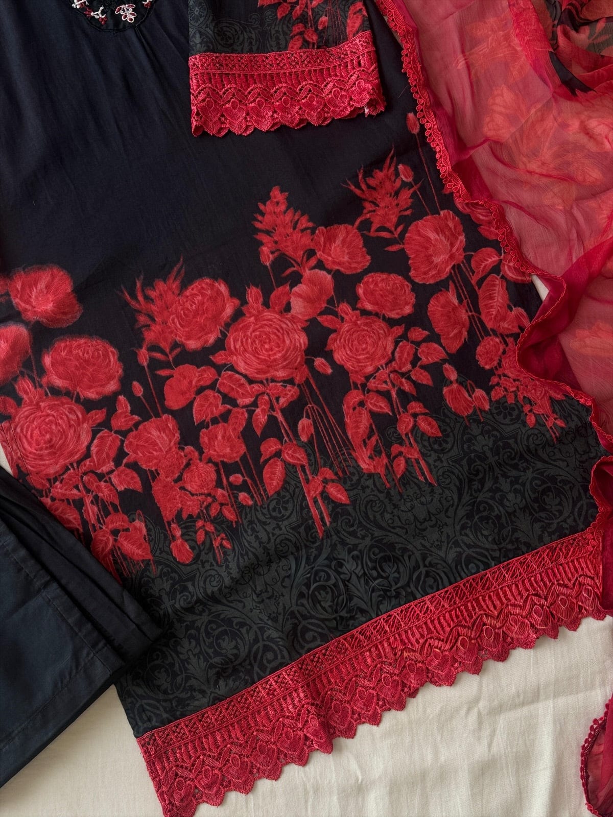 Pure Cotton black & Red print Set - Chikankari official