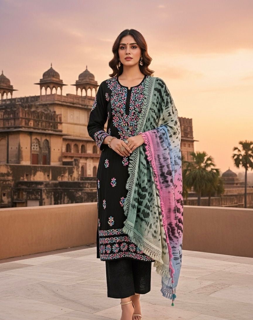 Pure Modal Lucknowi work 3pc set - Chikankari official