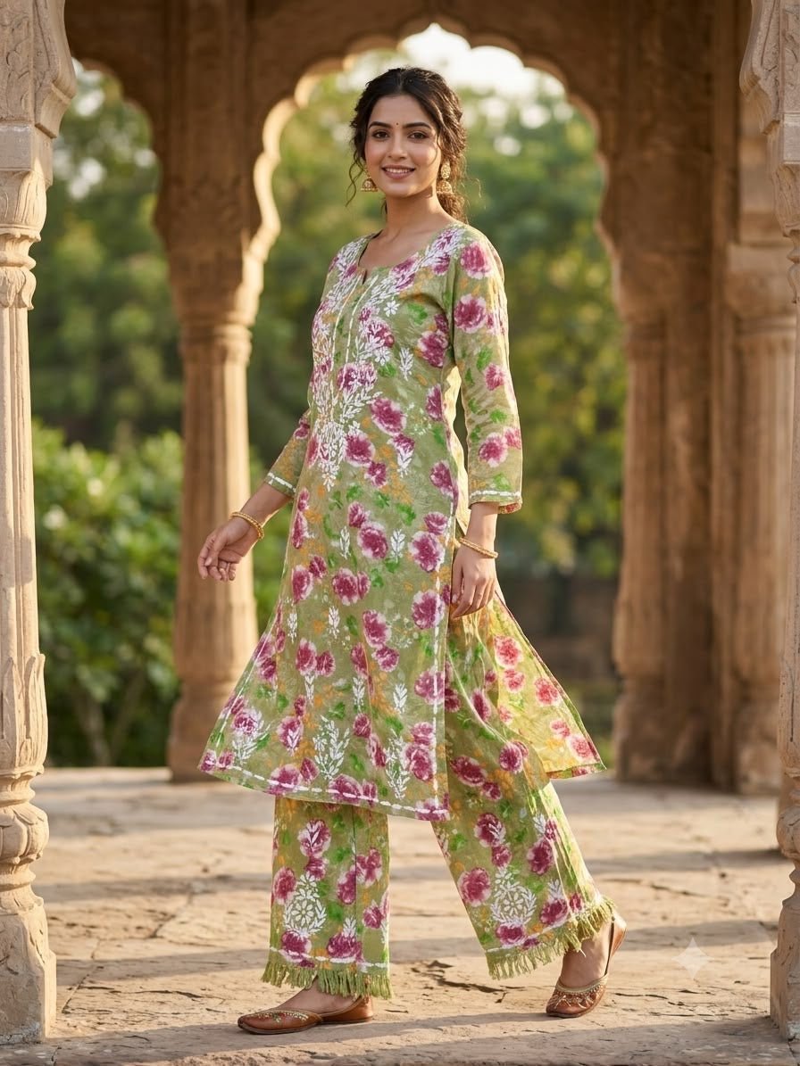 Pure Mul cotton floral 2pc set - Chikankari official