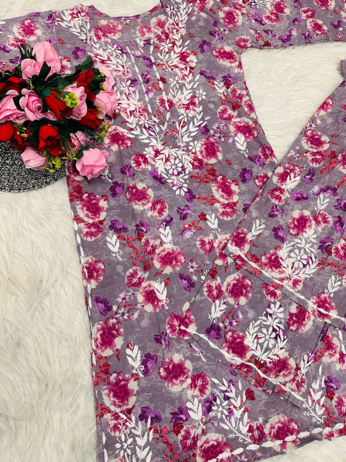 Pure Mul cotton floral 2pc set - Chikankari official