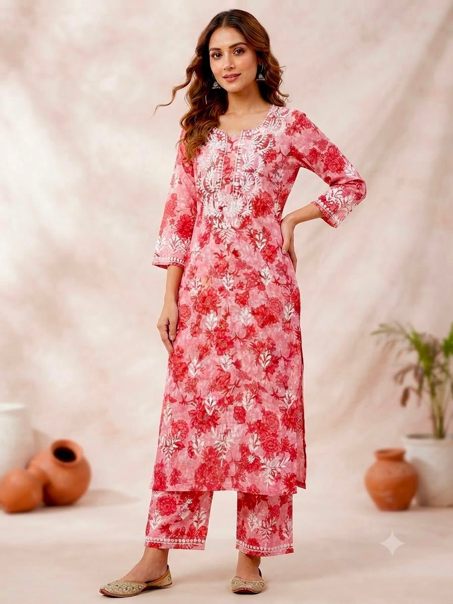 Pure Mul cotton floral soft light 2pc set - Chikankari official
