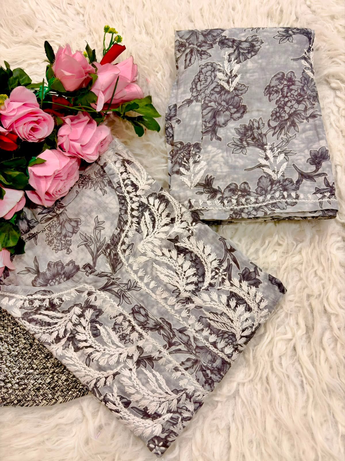 Pure Mul cotton floral soft light 2pc set - Chikankari official