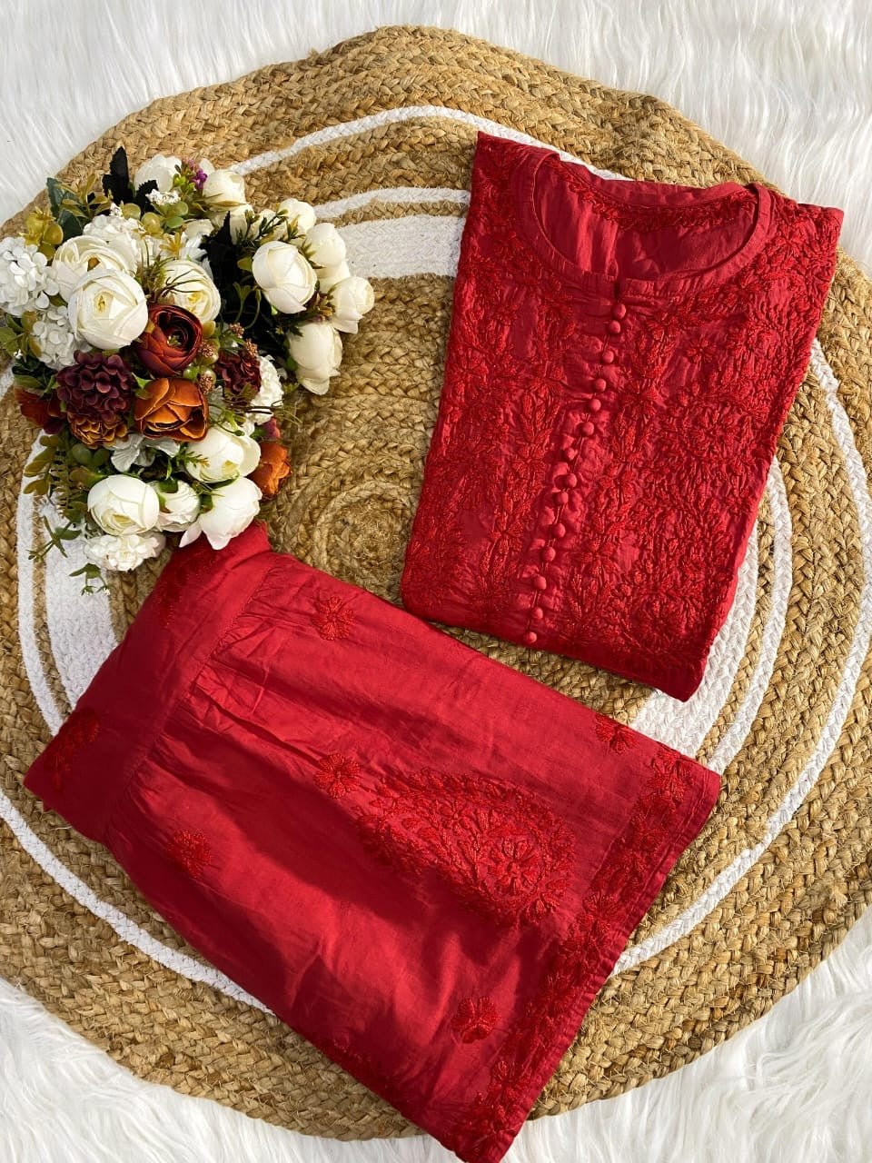 Pure Mul Mul dyed Co - ord Set - Chikankari official