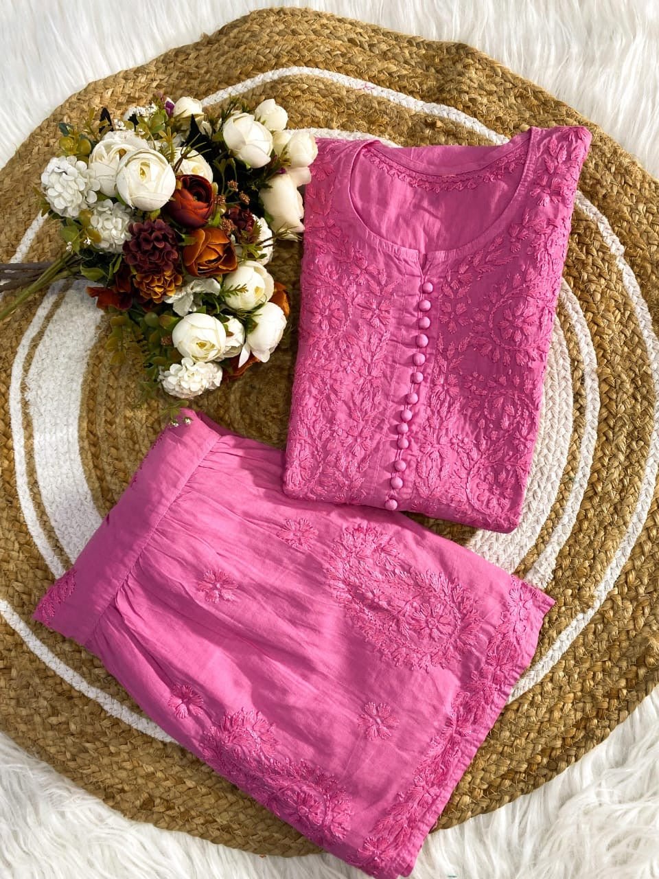 Pure Mul Mul dyed Co - ord Set - Chikankari official