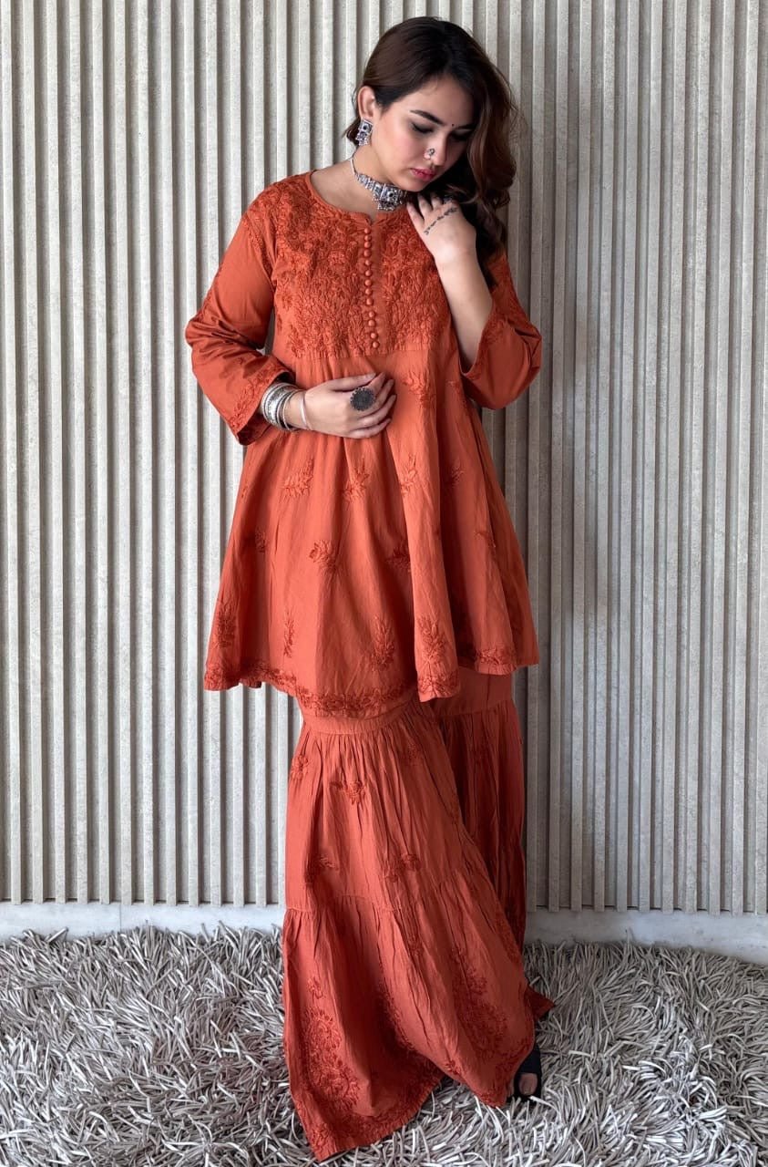 Pure Mul Mul dyed Co - ord Set - Chikankari official