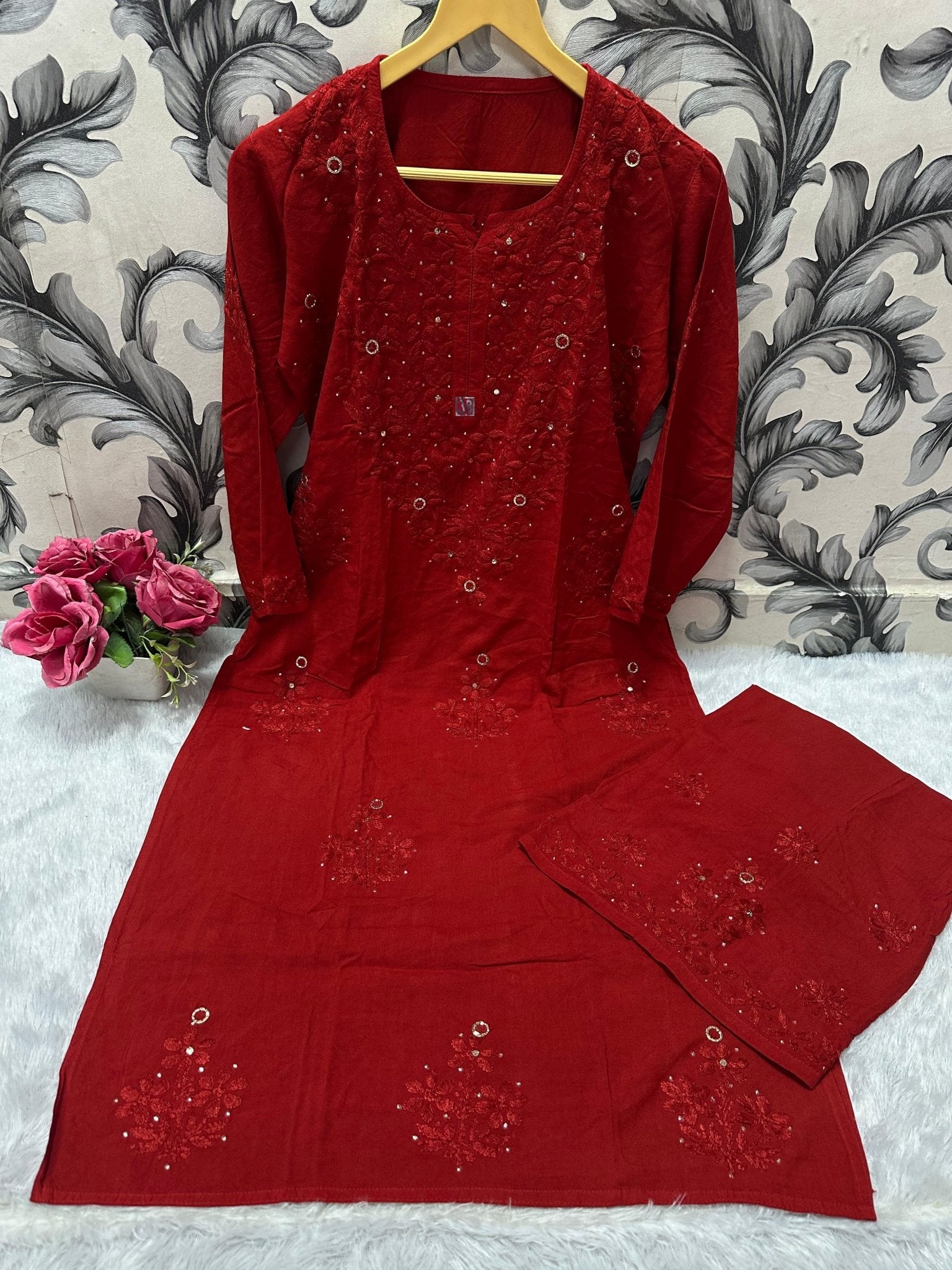 Pure Rayon 2pc Kurta plazzo Muqaish work set - Chikankari official