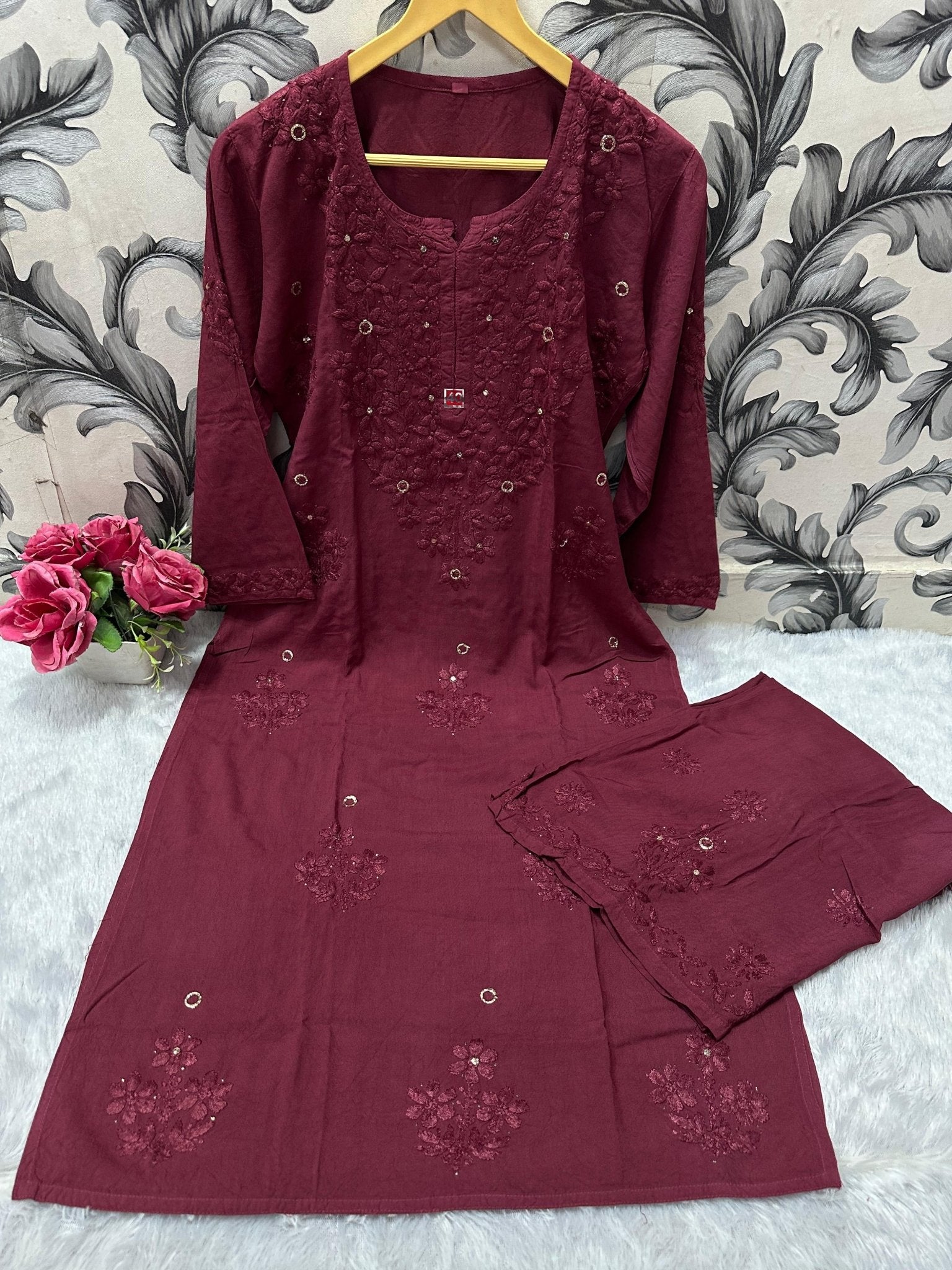 Pure Rayon 2pc Kurta plazzo Muqaish work set - Chikankari official