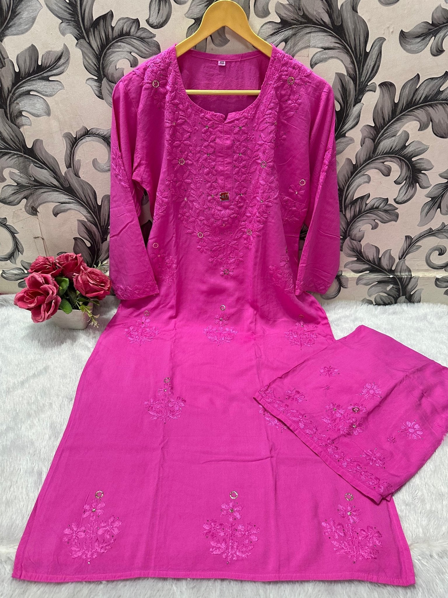 Pure Rayon 2pc Kurta plazzo Muqaish work set - Chikankari official