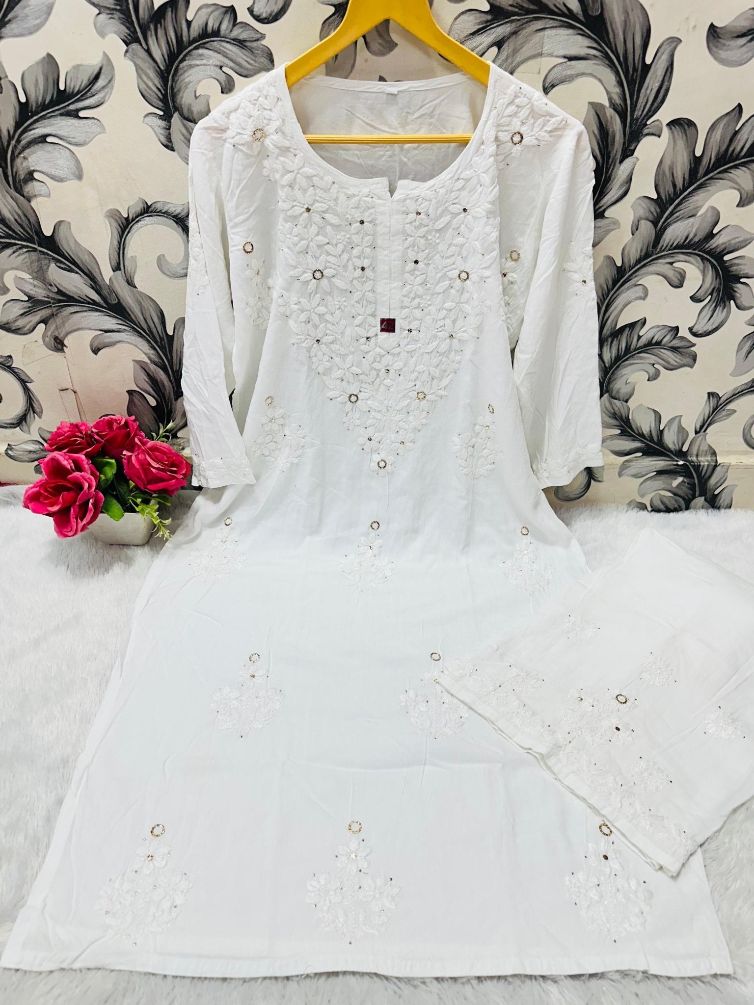 Pure Rayon 2pc Kurta plazzo Muqaish work set - Chikankari official