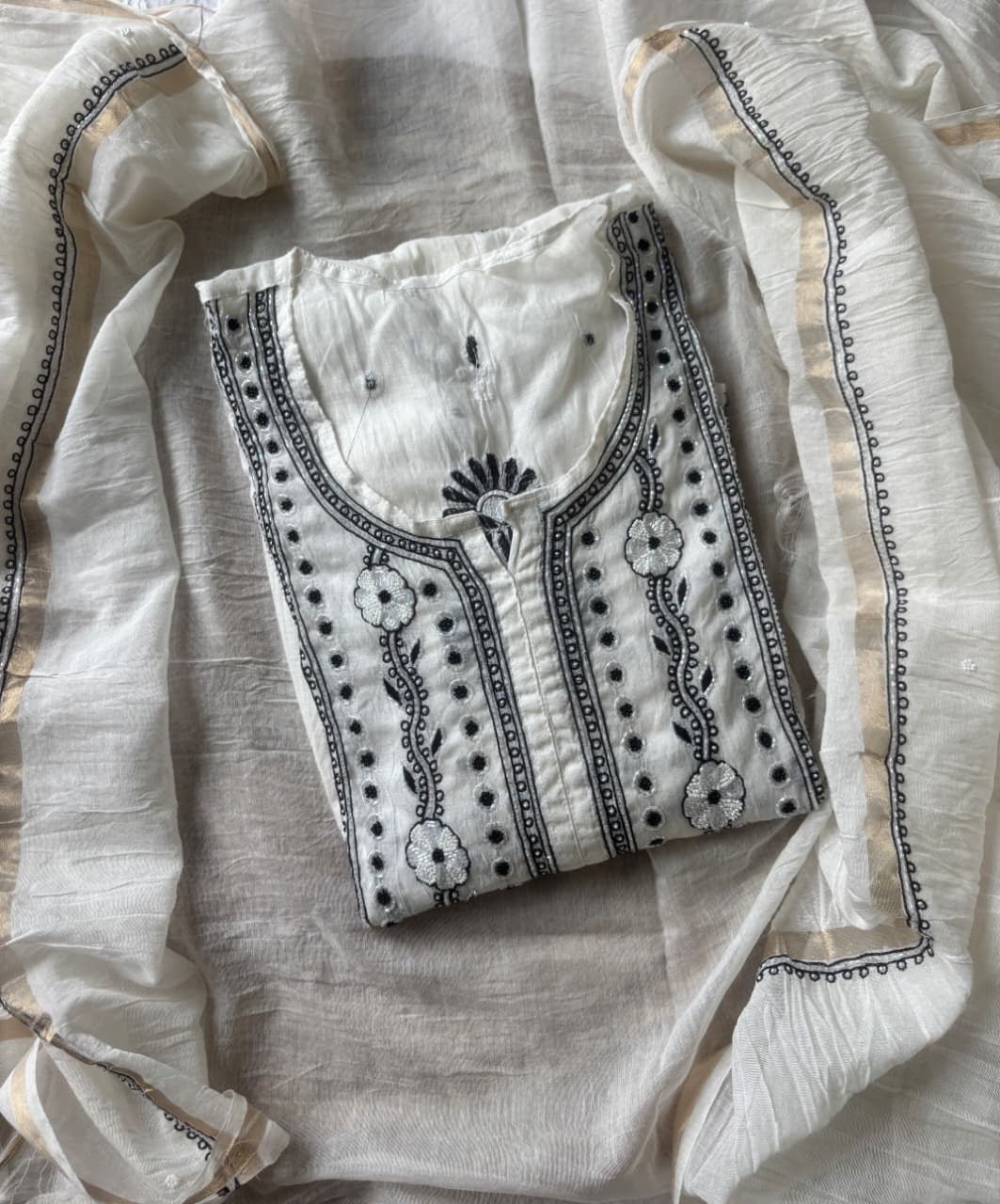 Pure semi stiched katdana mul chanderi A line set - Chikankari official