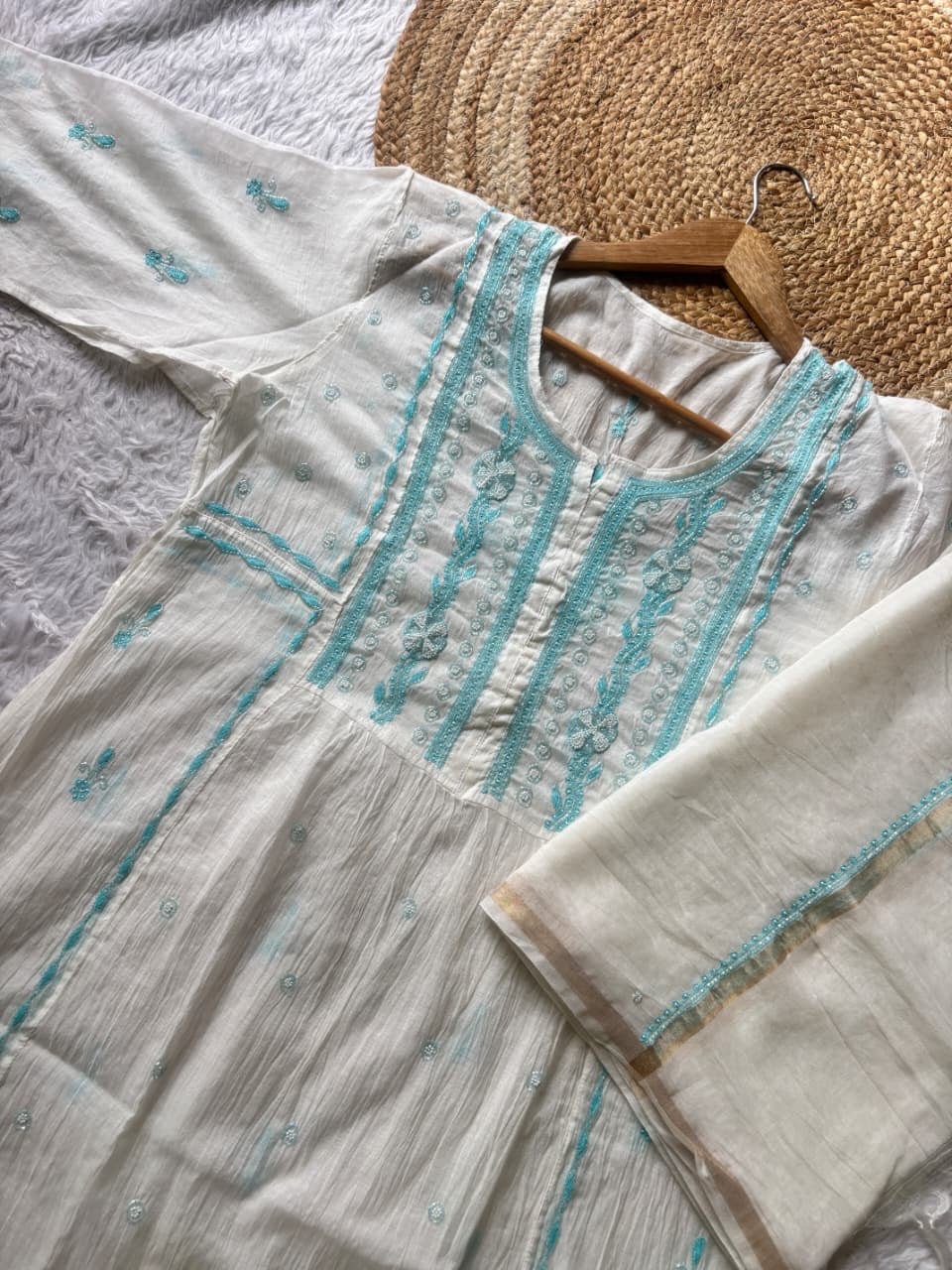 Pure semi stiched katdana mul chanderi A line set - Chikankari official
