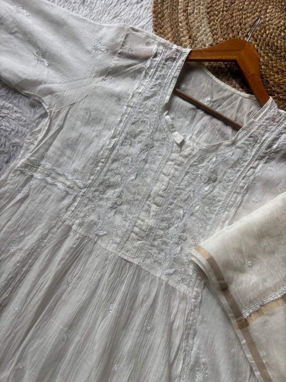 Pure semi stiched katdana mul chanderi A line set - Chikankari official