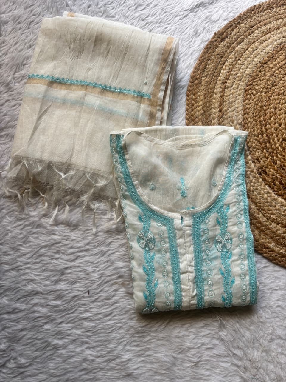 Pure semi stiched katdana mul chanderi A line set - Chikankari official