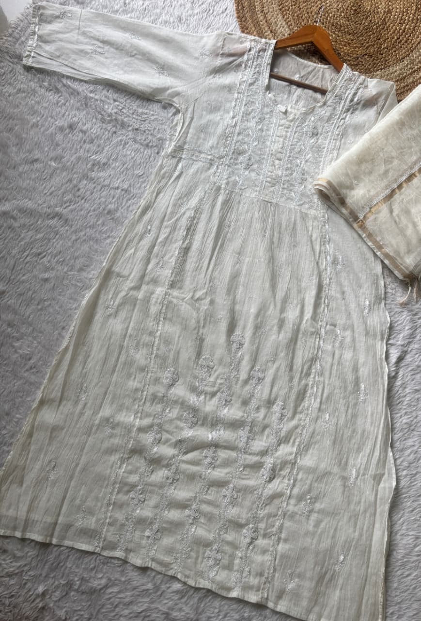 Pure semi stiched katdana mul chanderi A line set - Chikankari official