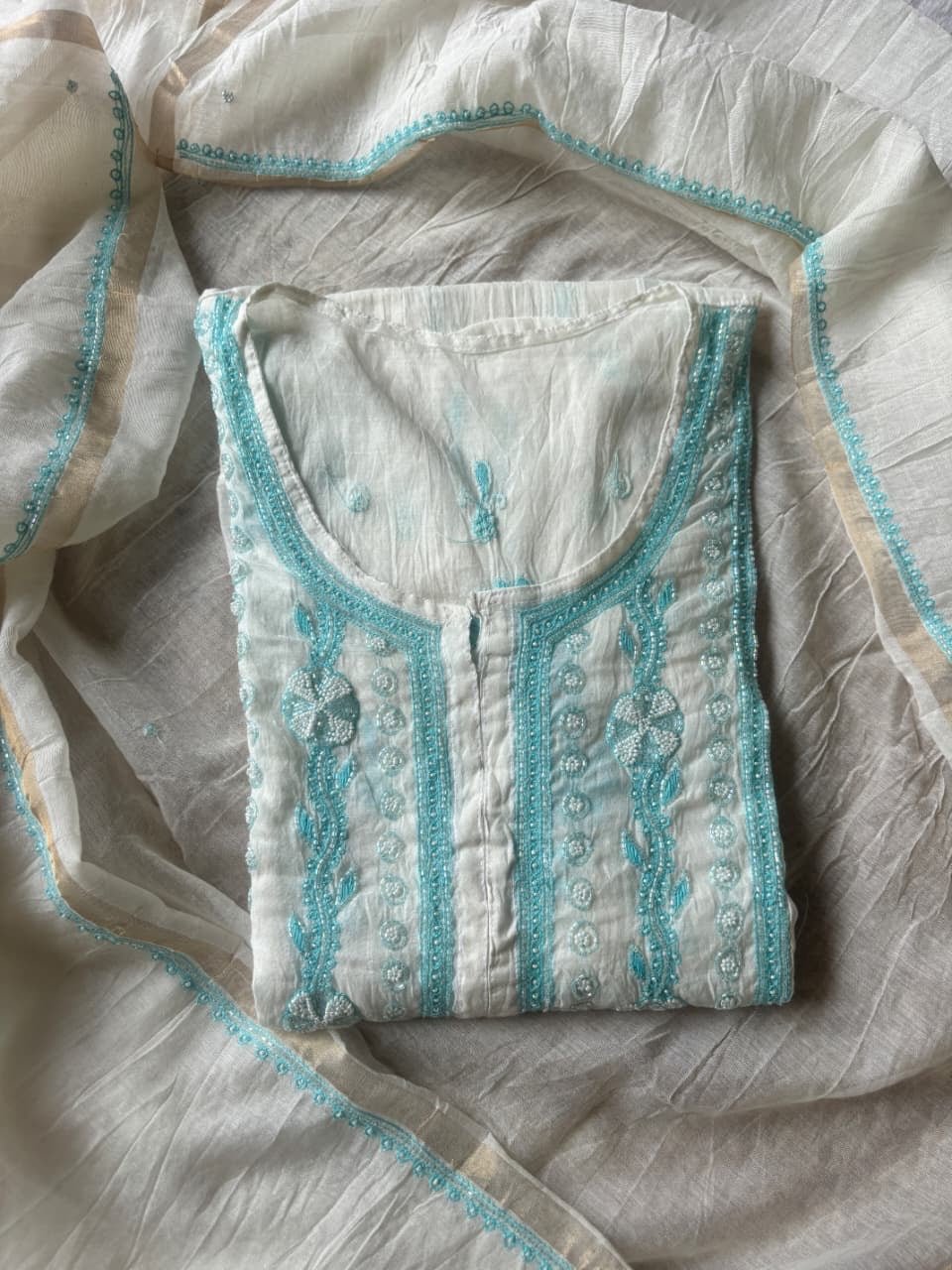Pure semi stiched katdana mul chanderi A line set - Chikankari official