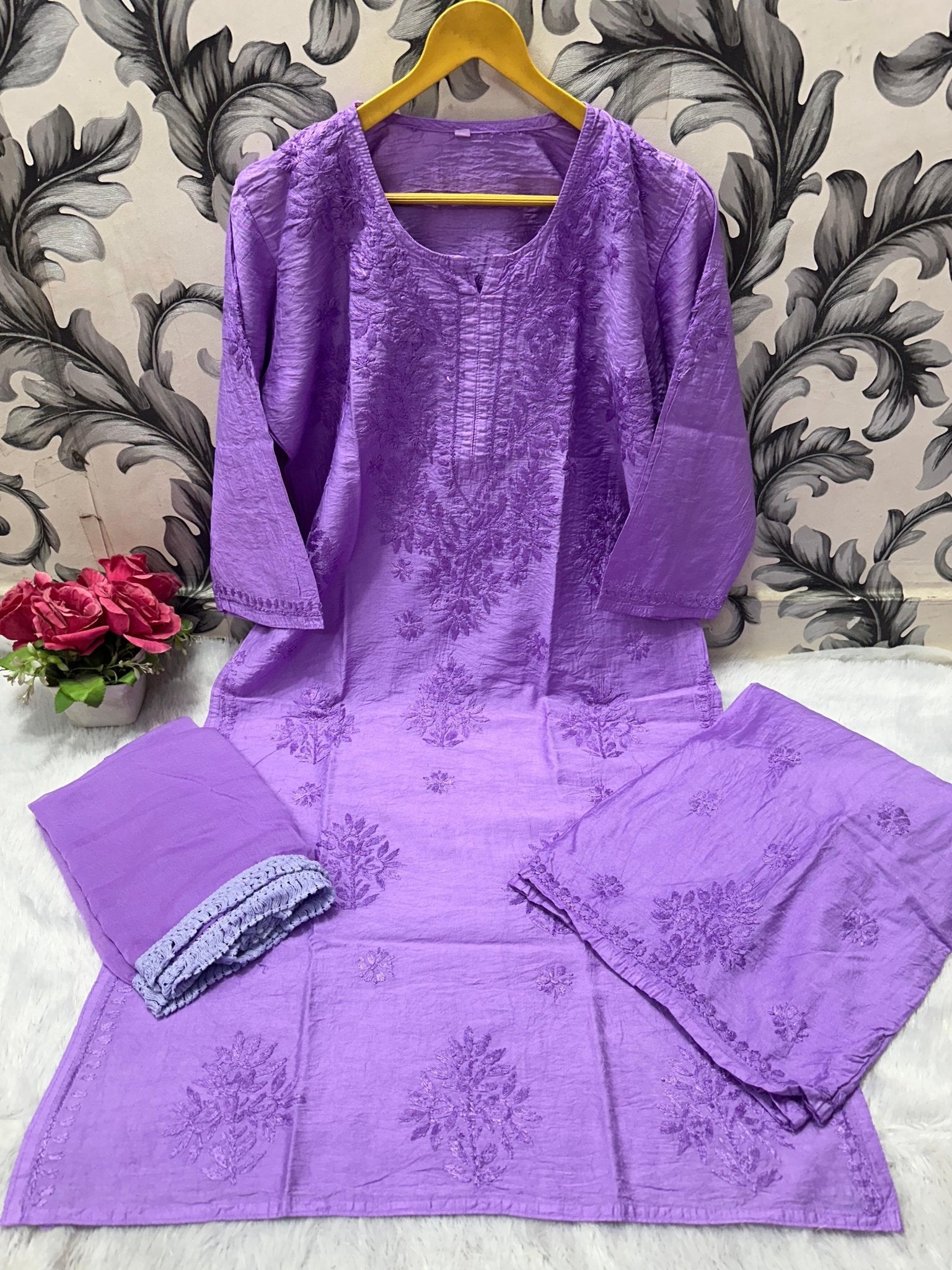 Pure Soft Chanderi 3pc Kurta & Plazzo with Lace border Dupatta - Chikankari official