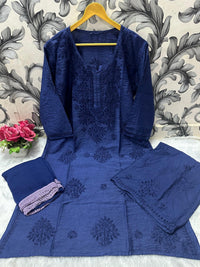 Pure Soft Chanderi 3pc Kurta & Plazzo with Lace border Dupatta - Chikankari official