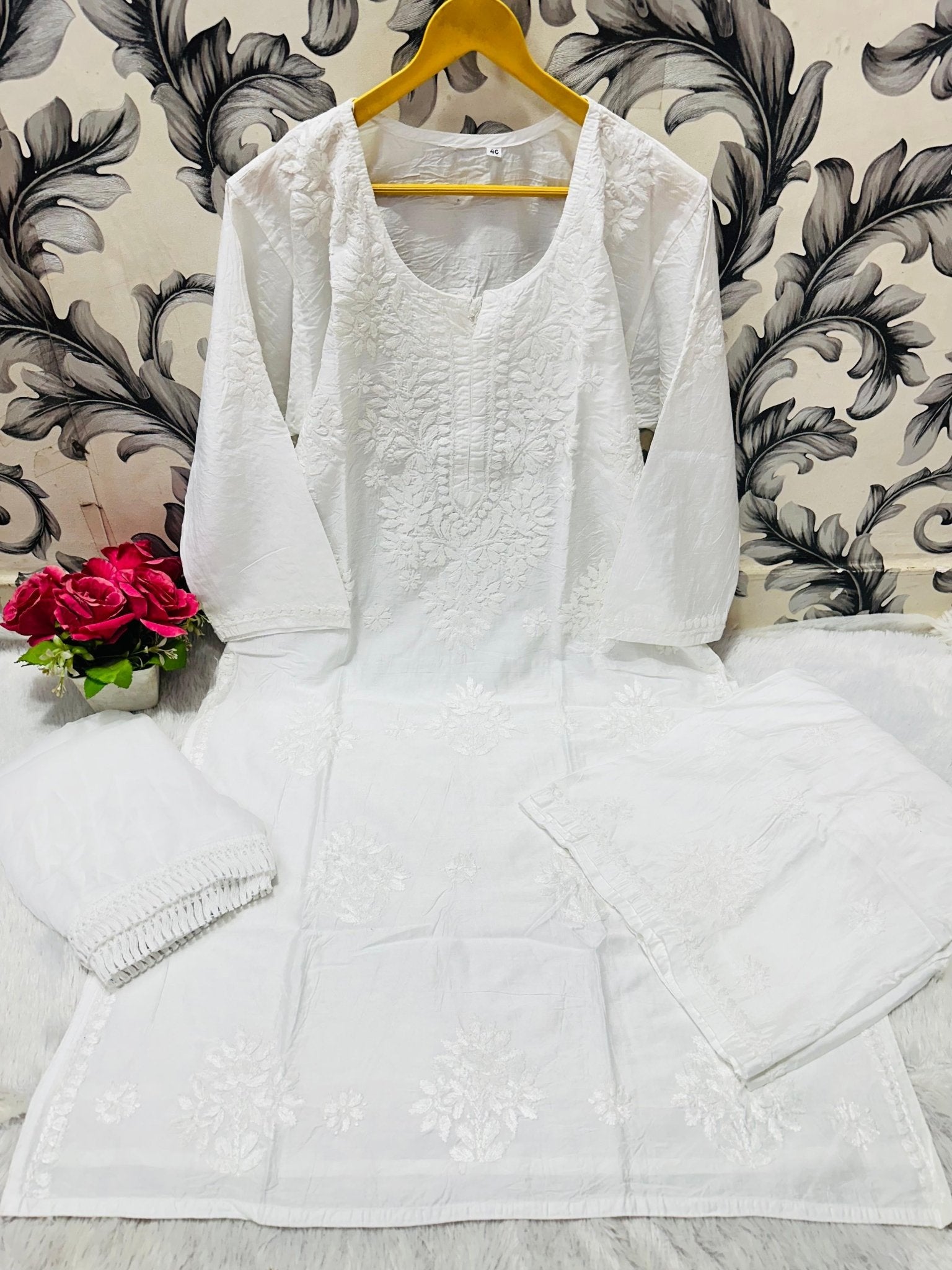 Pure Soft Chanderi 3pc Kurta & Plazzo with Lace border Dupatta - Chikankari official