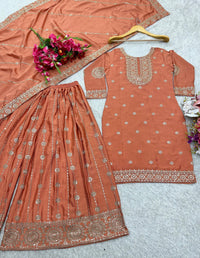 Pure Vichitra Silk Chinon 3pc Set - Chikankari official