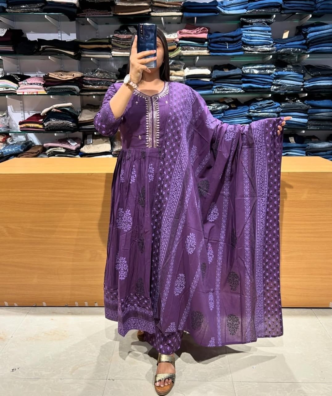 Purple Flaired Anarkali Suit Set - Chikankari official