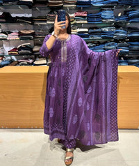 Purple Flaired Anarkali Suit Set - Chikankari official