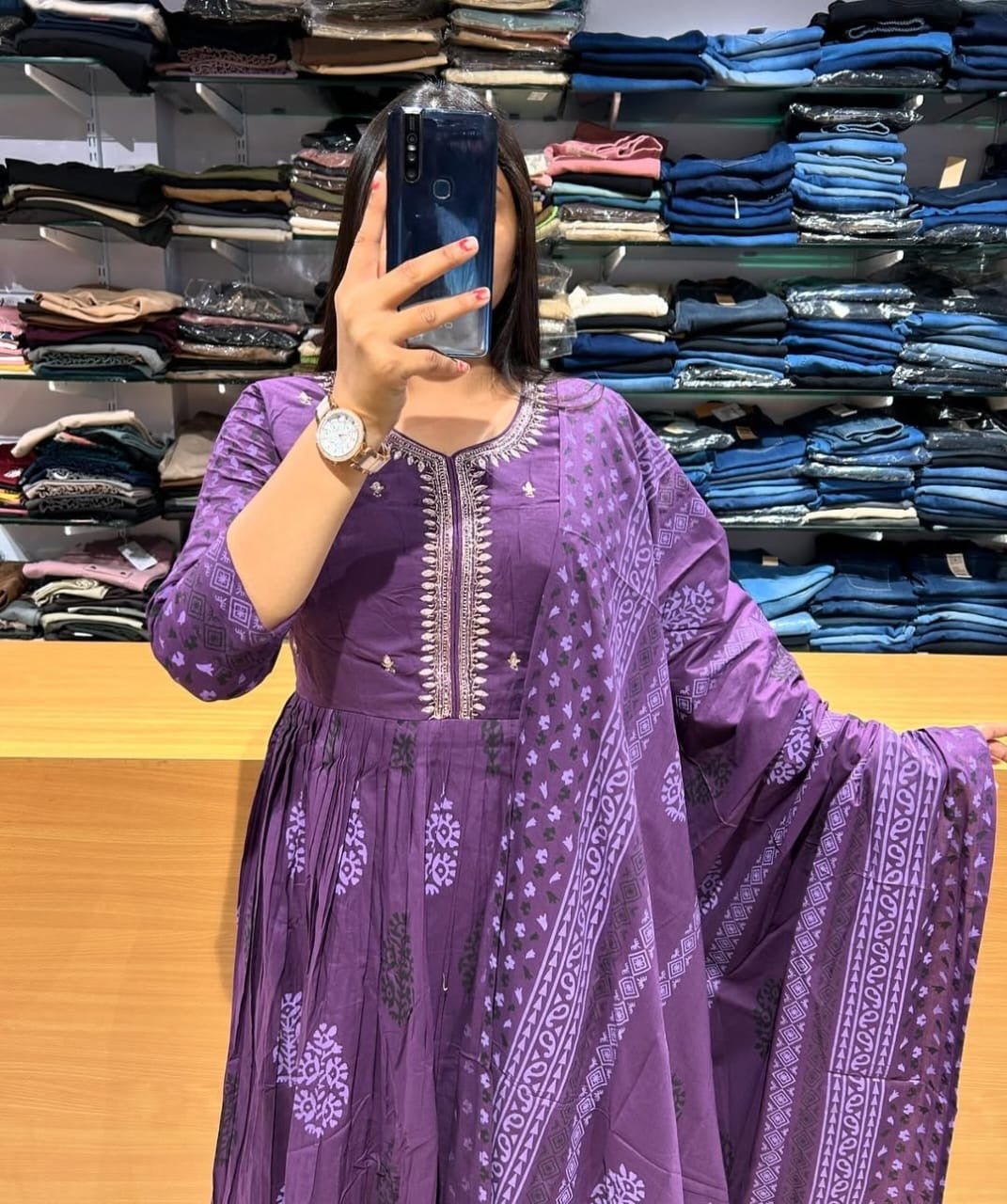Purple Flaired Anarkali Suit Set - Chikankari official