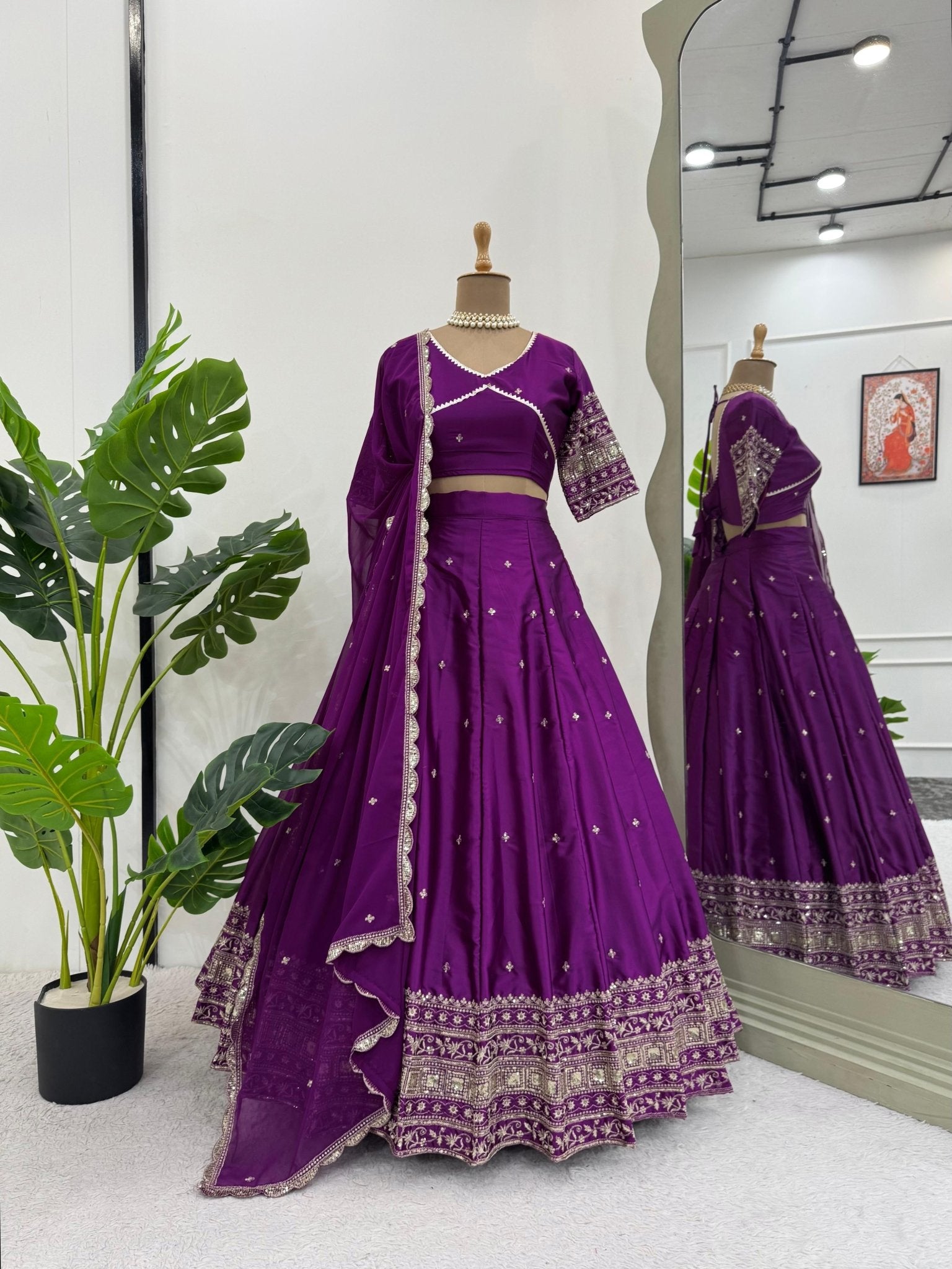 Purple Satin Silk Lehenga - Chikankari official
