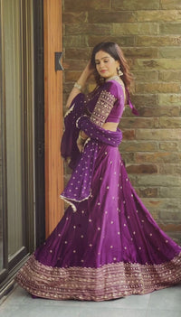 Purple Satin Silk Lehenga - Chikankari official