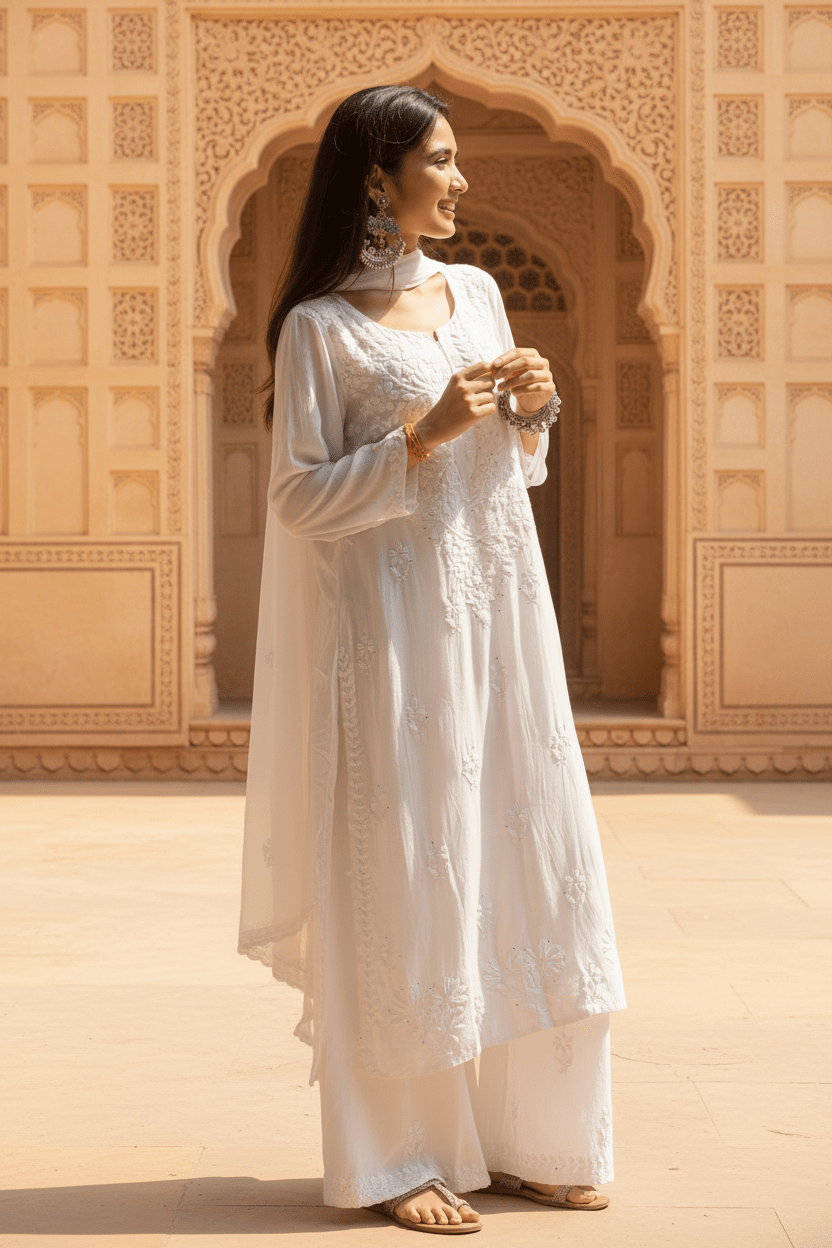 Rangrez Pure White handwork 3pc Chikankari Set kurti Plazzo dupatta