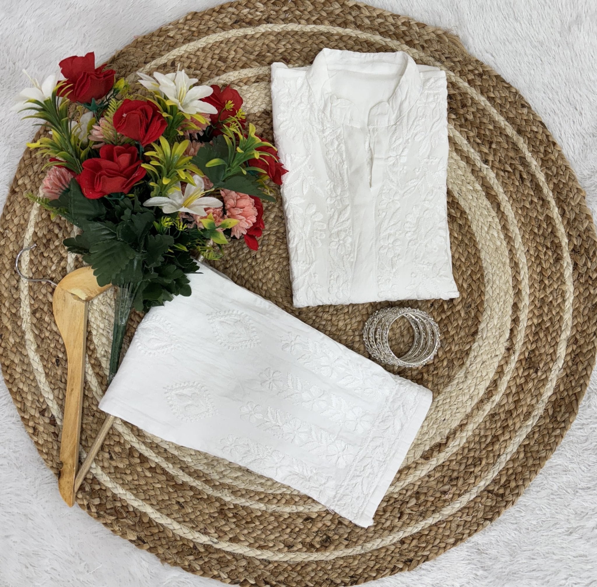 Rayon Chikankari White Ghasspatti Combo - Chikankari official