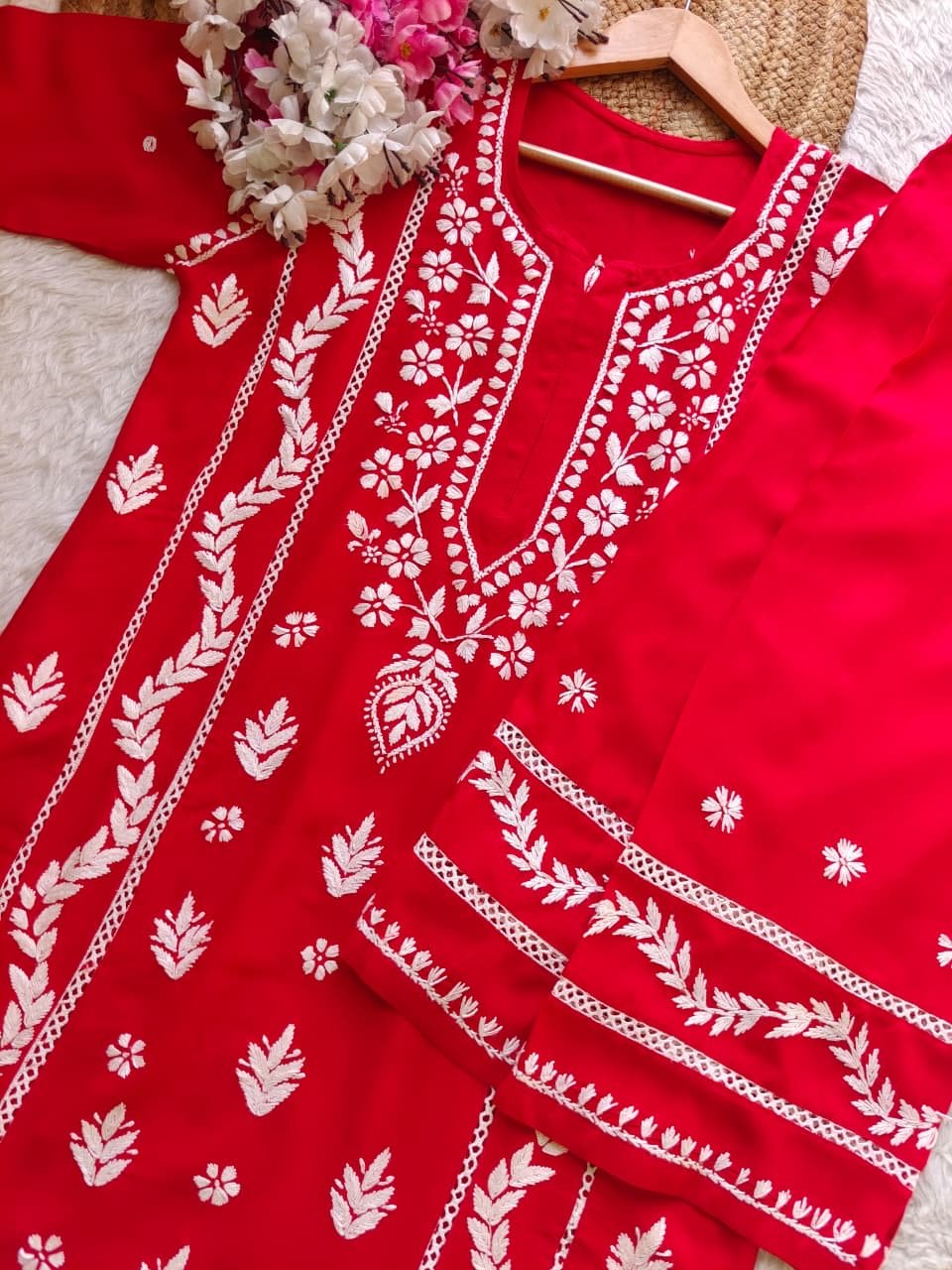 Rayon crafted designed white thread 2pc Set - Chikankari official
