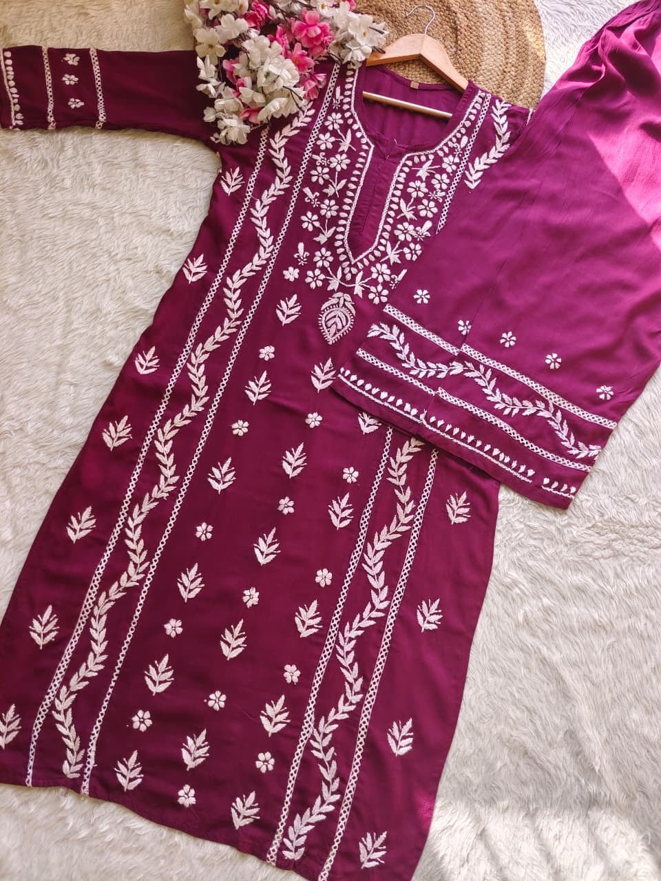 Rayon crafted designed white thread 2pc Set - Chikankari official