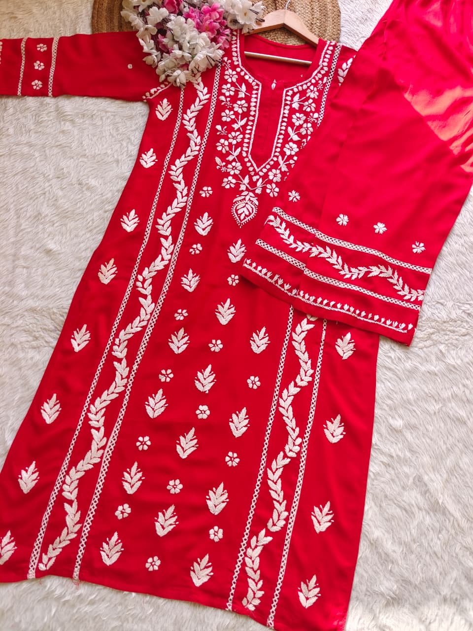 Rayon crafted designed white thread 2pc Set - Chikankari official