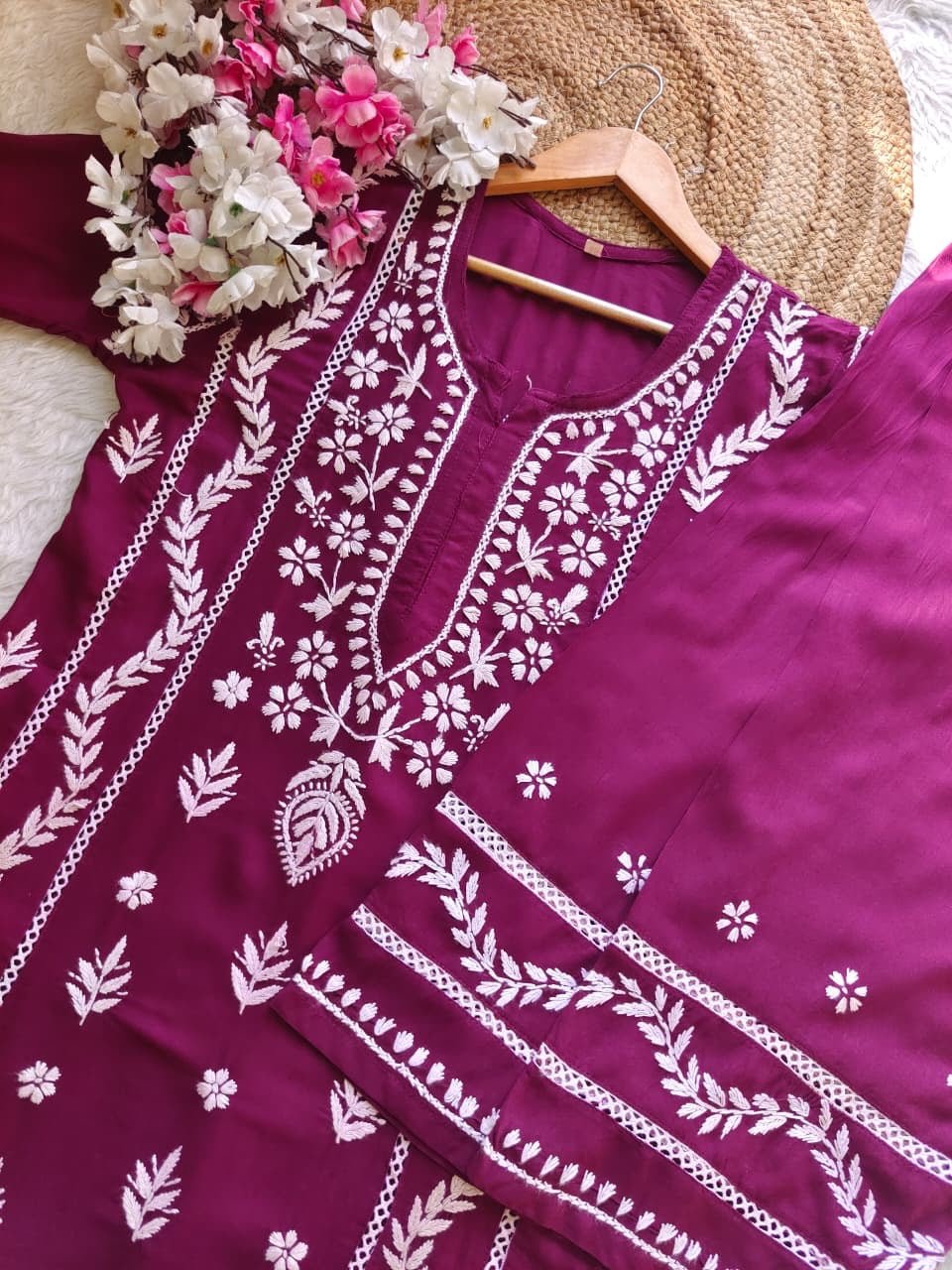 Rayon crafted designed white thread 2pc Set - Chikankari official