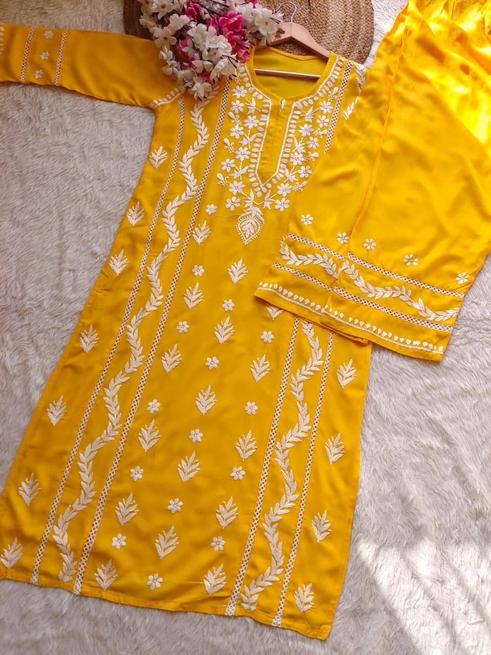 Rayon crafted designed white thread 2pc Set - Chikankari official