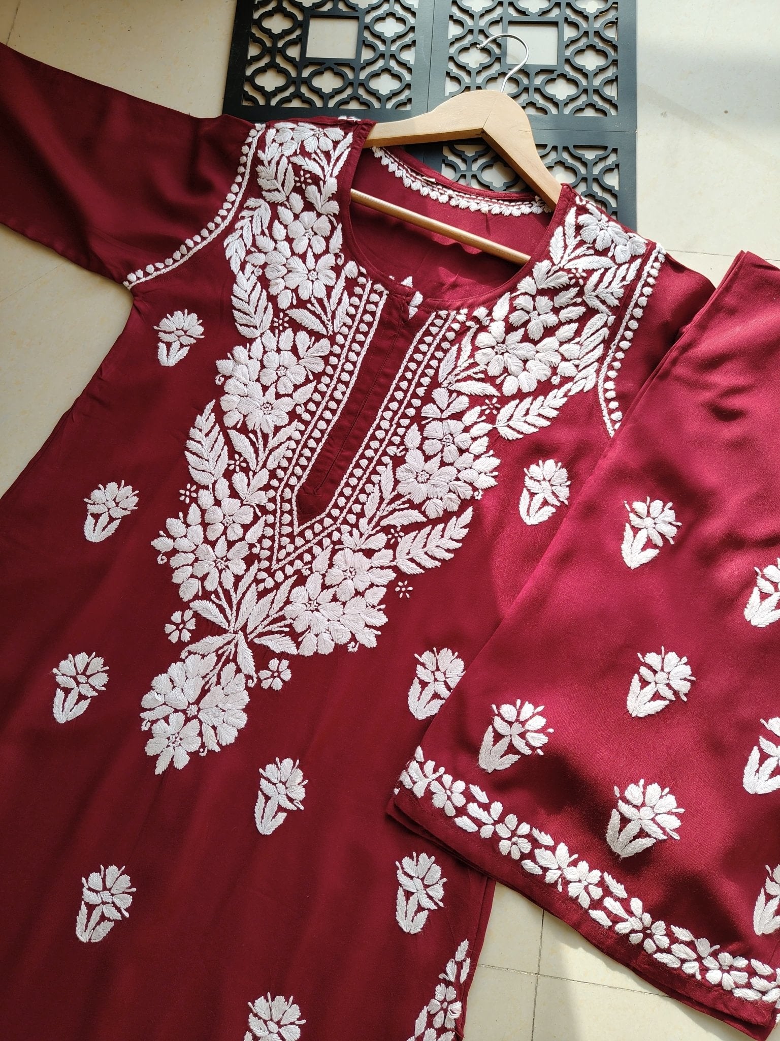 Rayon Flowers Embroidery Kurta and Plazzo - Chikankari official