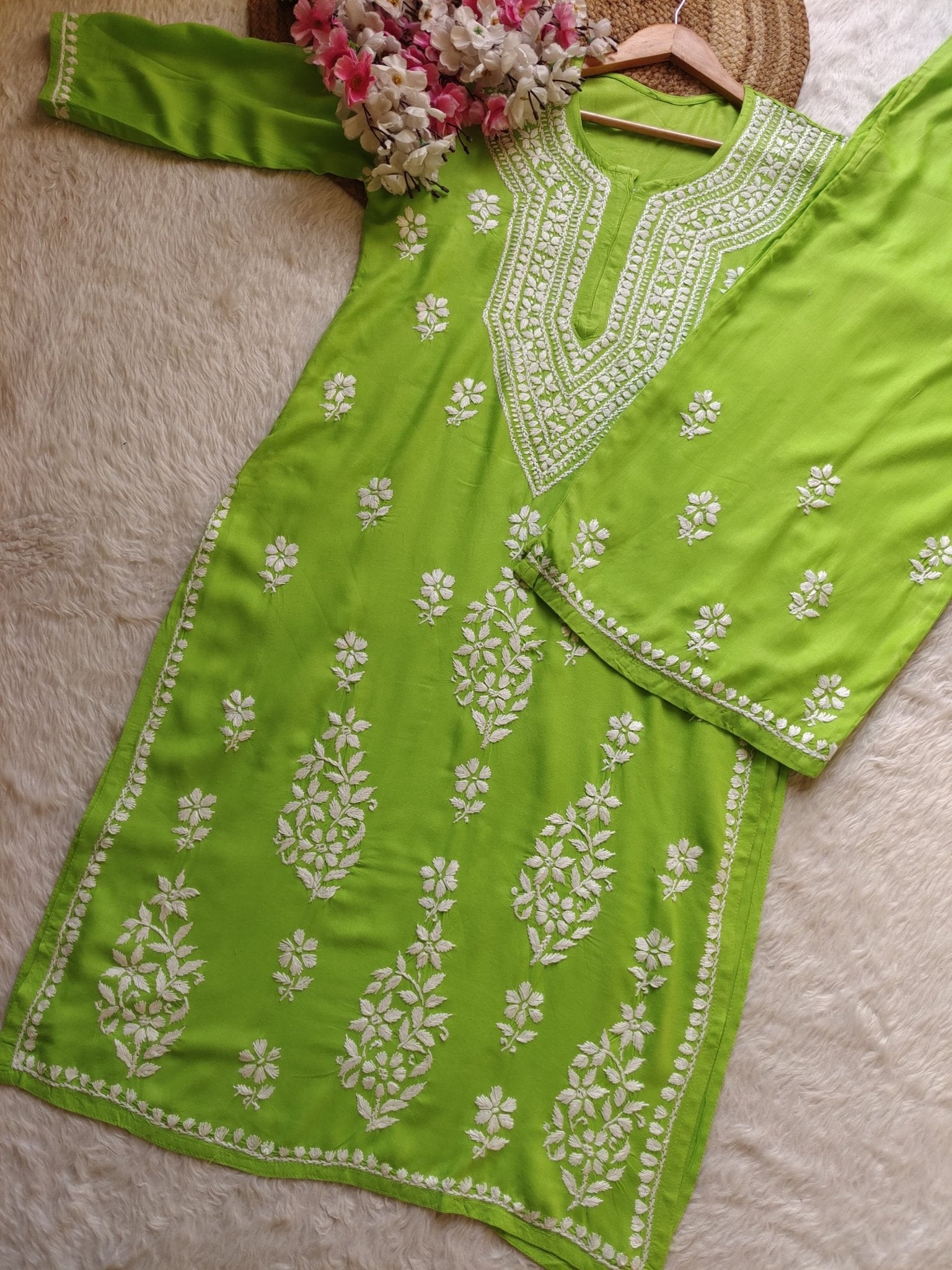 Rayon hand big embroidered 2pc set - Chikankari official