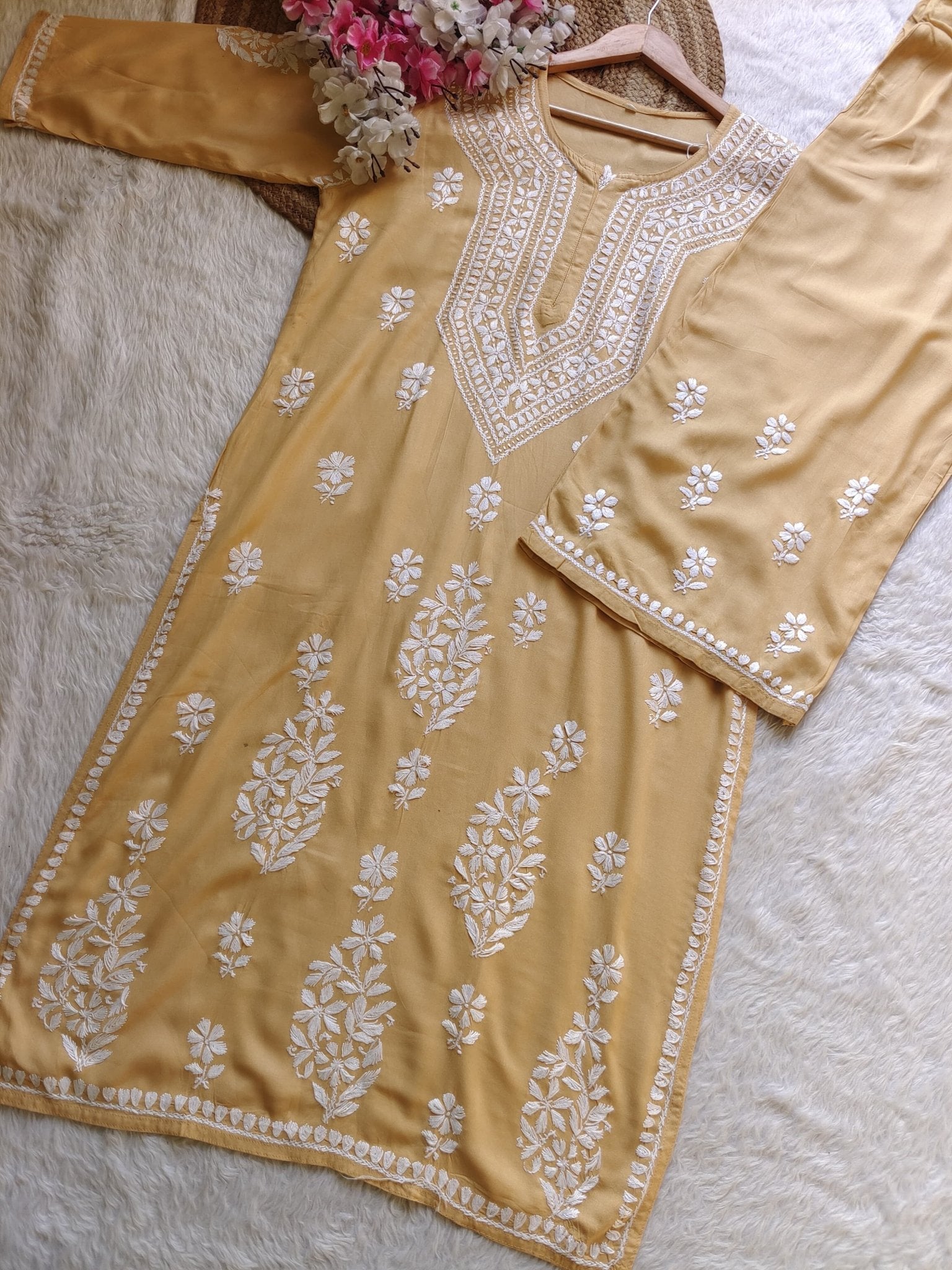 Rayon hand big embroidered 2pc set - Chikankari official