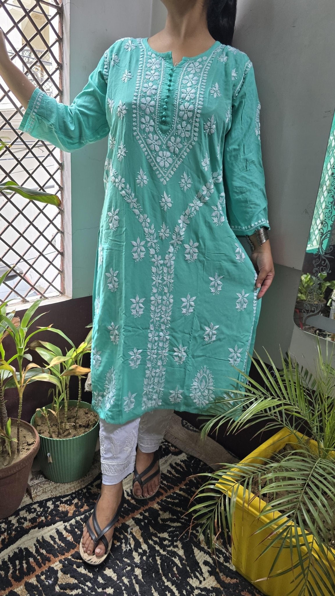 Rayon Hand heavy Work Kurti With pant - Chikankari official