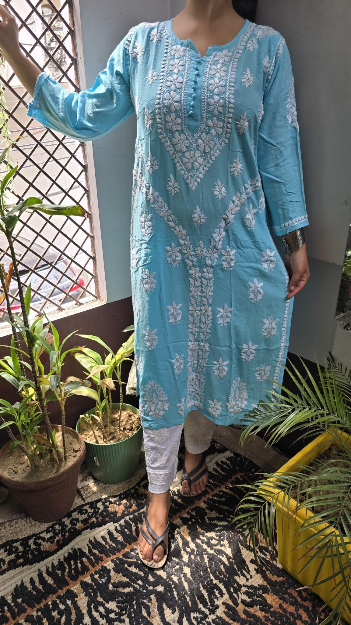 Rayon Hand heavy Work Kurti With pant - Chikankari official