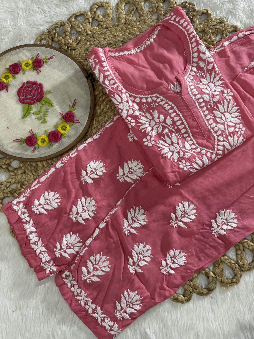 Rayon Short Kurta with pant - Chikankari official
