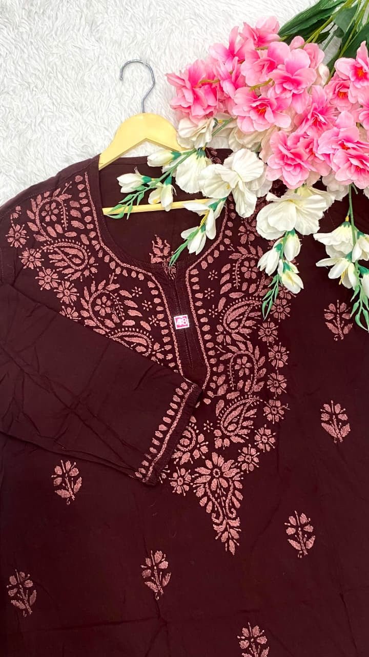 Rayon Smooth tone to tone embroidered Short top - Chikankari official
