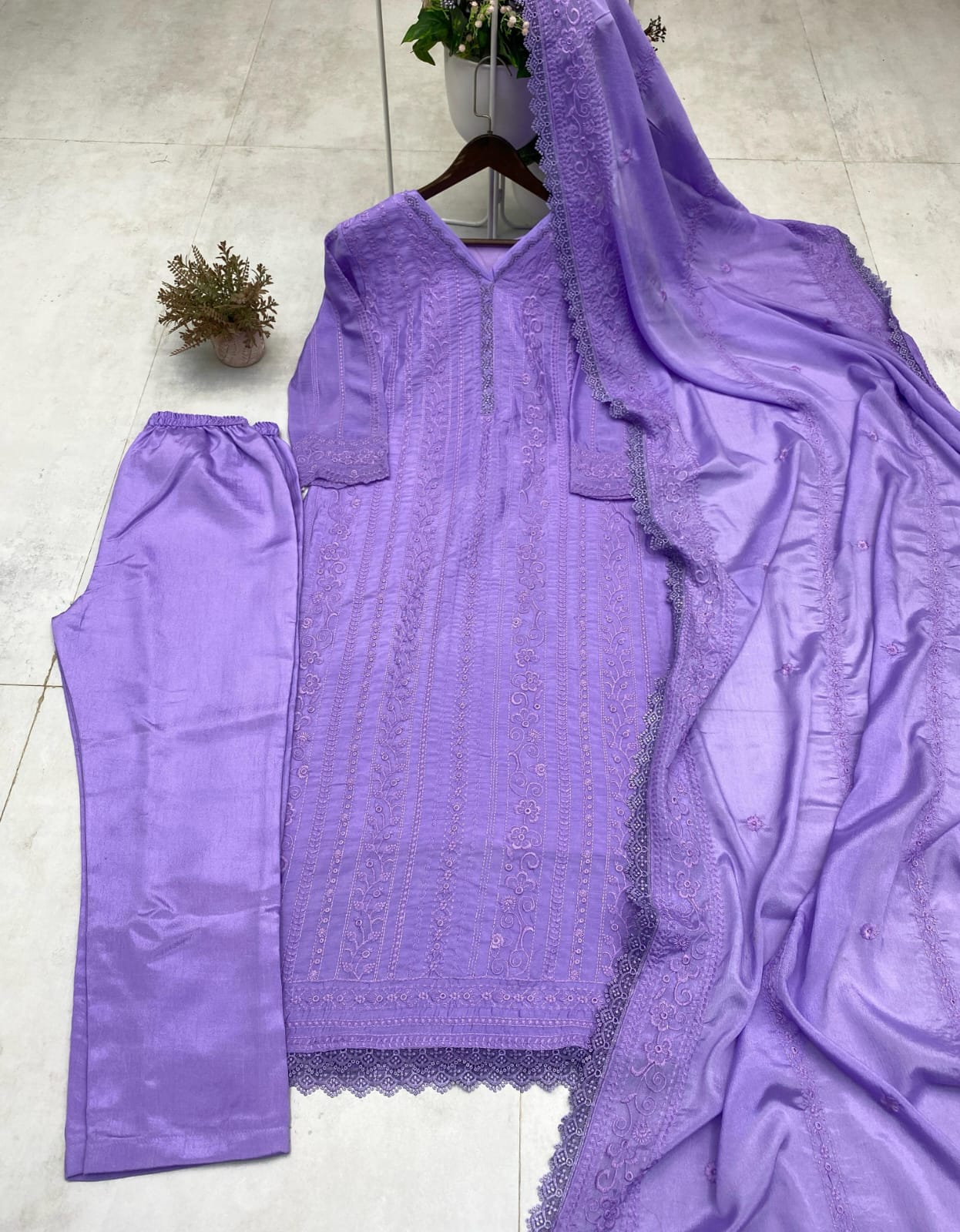 Ready to wear chinon Top Cotton Thread Embroidered Set - Chikankari official