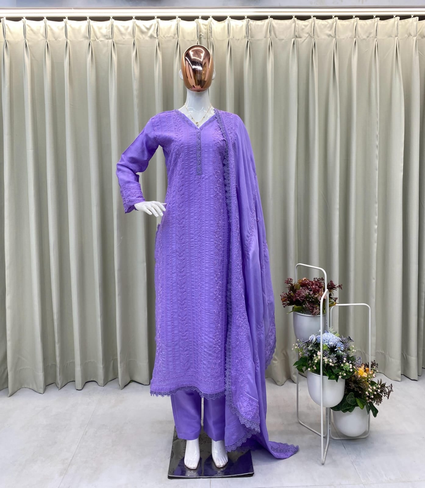 Ready to wear chinon Top Cotton Thread Embroidered Set - Chikankari official