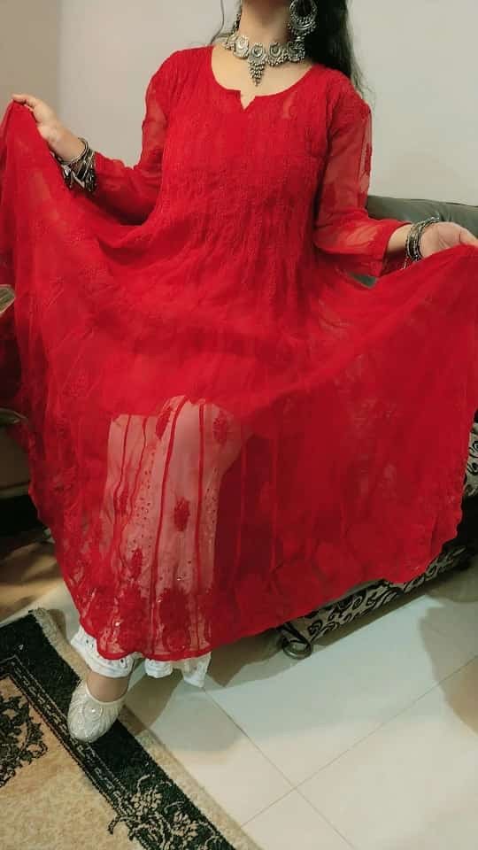 Red 56 Kali Gown Tone to tone - Chikankari official