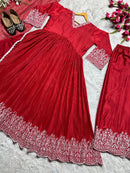Red Aliya Cut Gown with Plazzo & Dupatta - Chikankari official