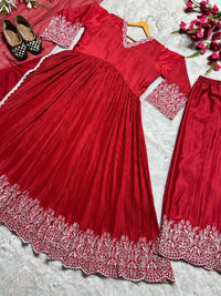 Red Aliya Cut Gown with Plazzo & Dupatta - Chikankari official