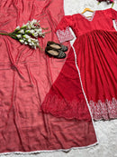 Red Aliya Cut Gown with Plazzo & Dupatta - Chikankari official