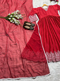 Red Aliya Cut Gown with Plazzo & Dupatta - Chikankari official